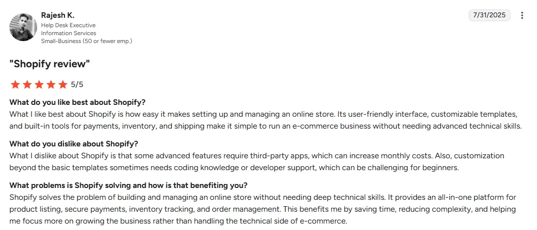 Shopify customer review