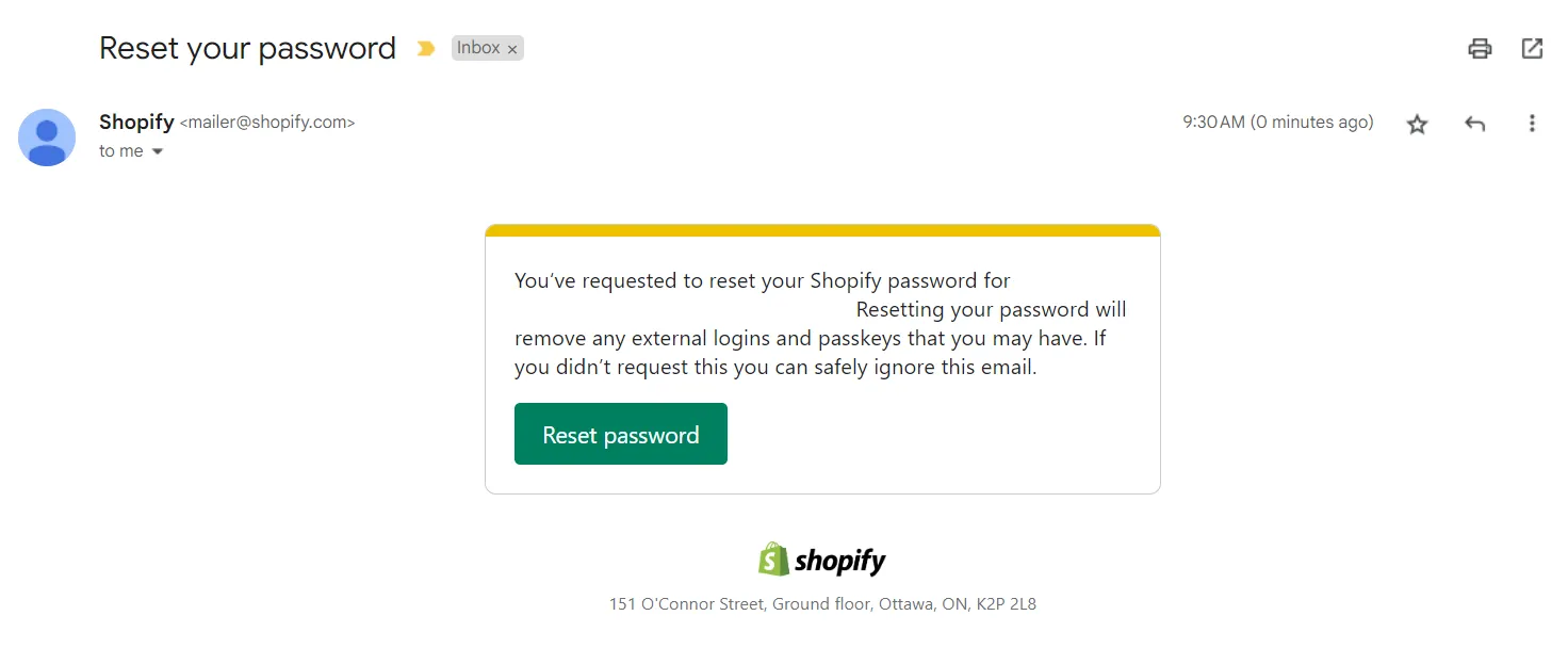 Shopify reset password email