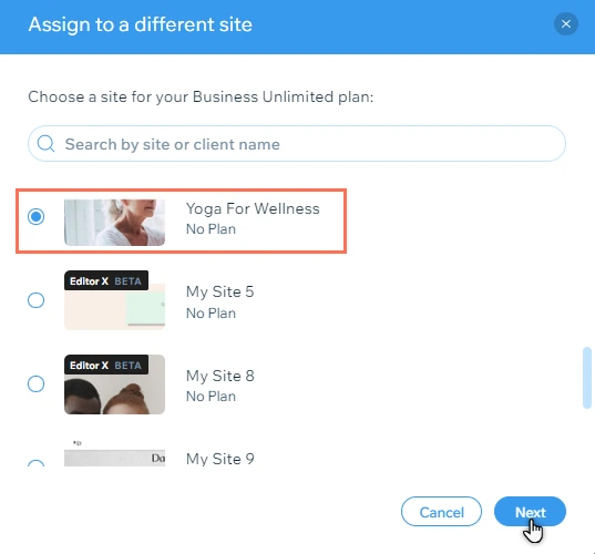 re-assign premium plan to your new Wix site