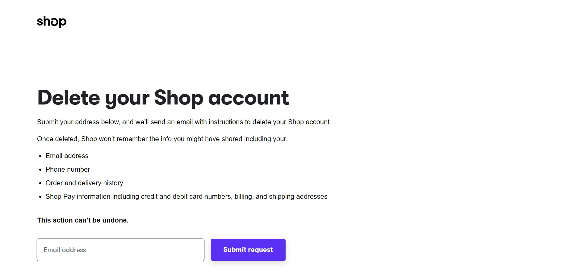 delete Shop Pay account via the web browser