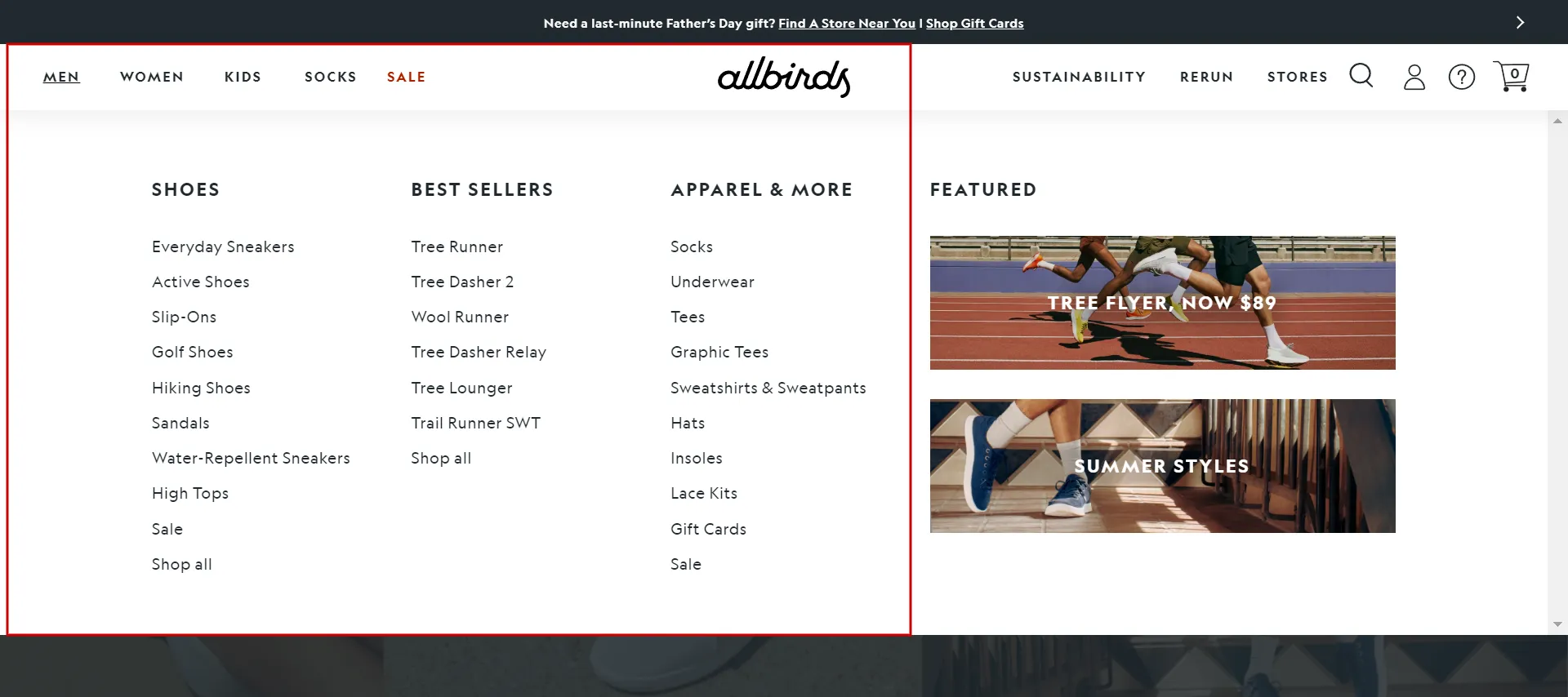 Example of a submenu on a Shopify website.