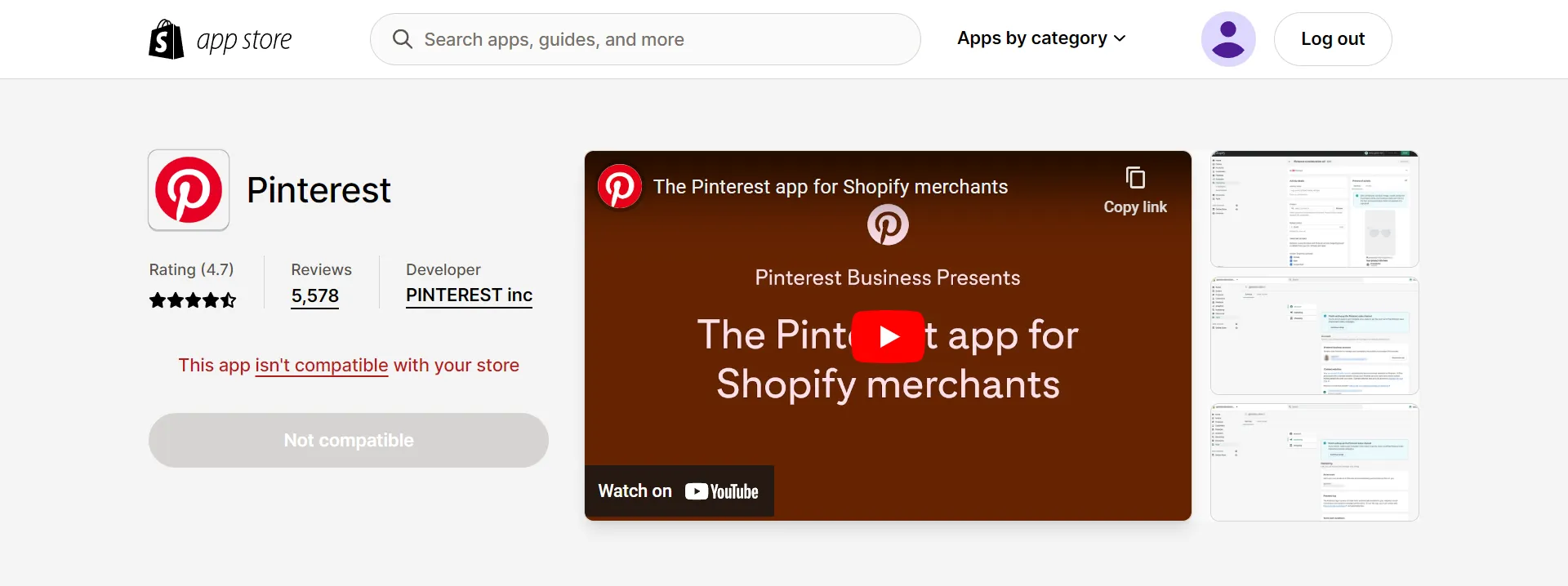 Pinterest app isn’t compatible with Shopify store