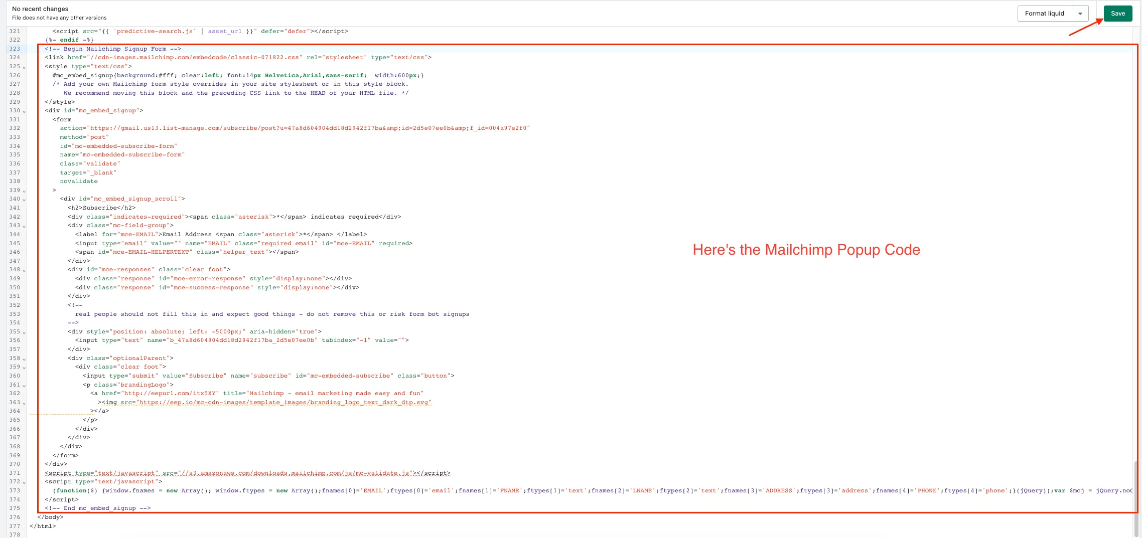 Example of the Mailchimp code added to Shopify