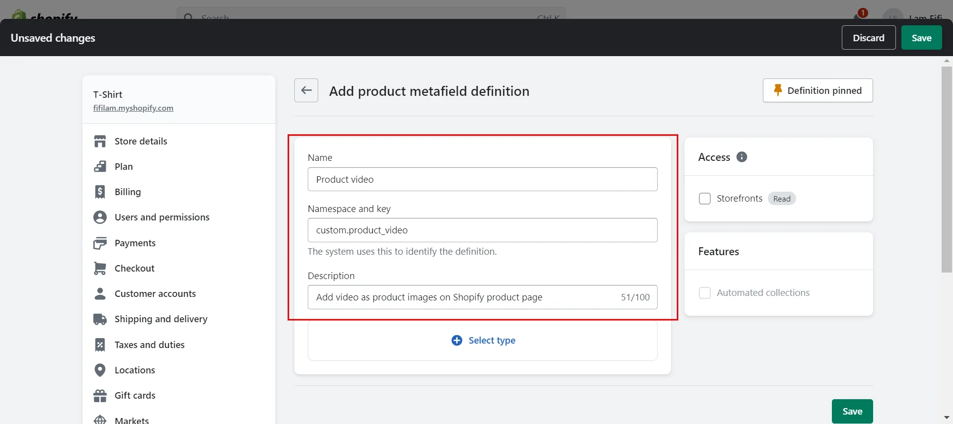 Type the name and description for product meta fields