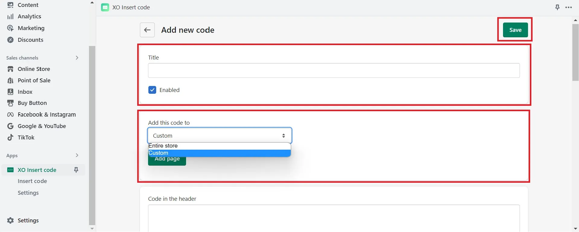 Add new code in header, body or footer.