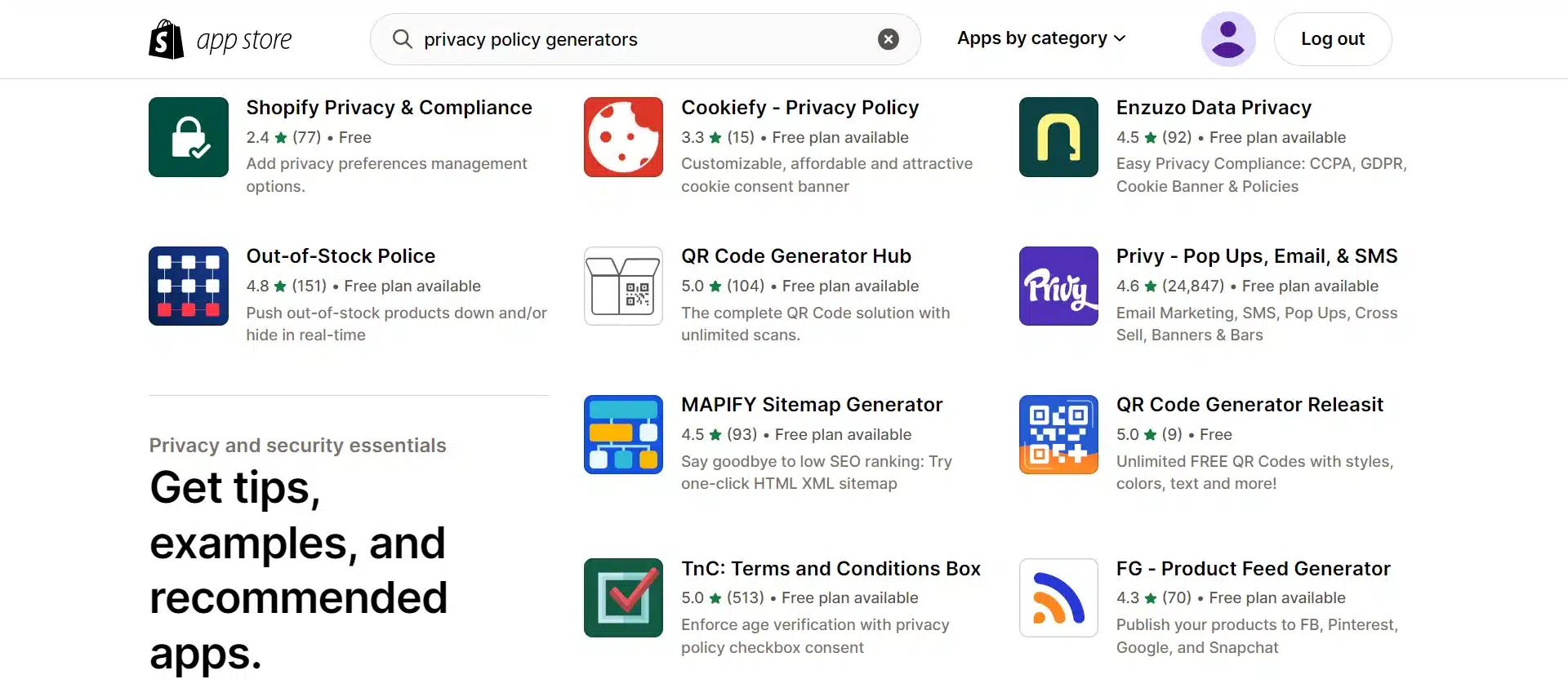 Shopify privacy policy generator on App store