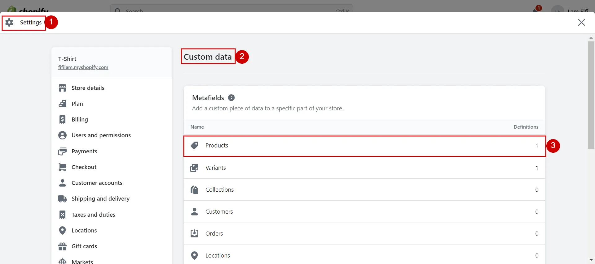 Go to Custom Data and choose Products