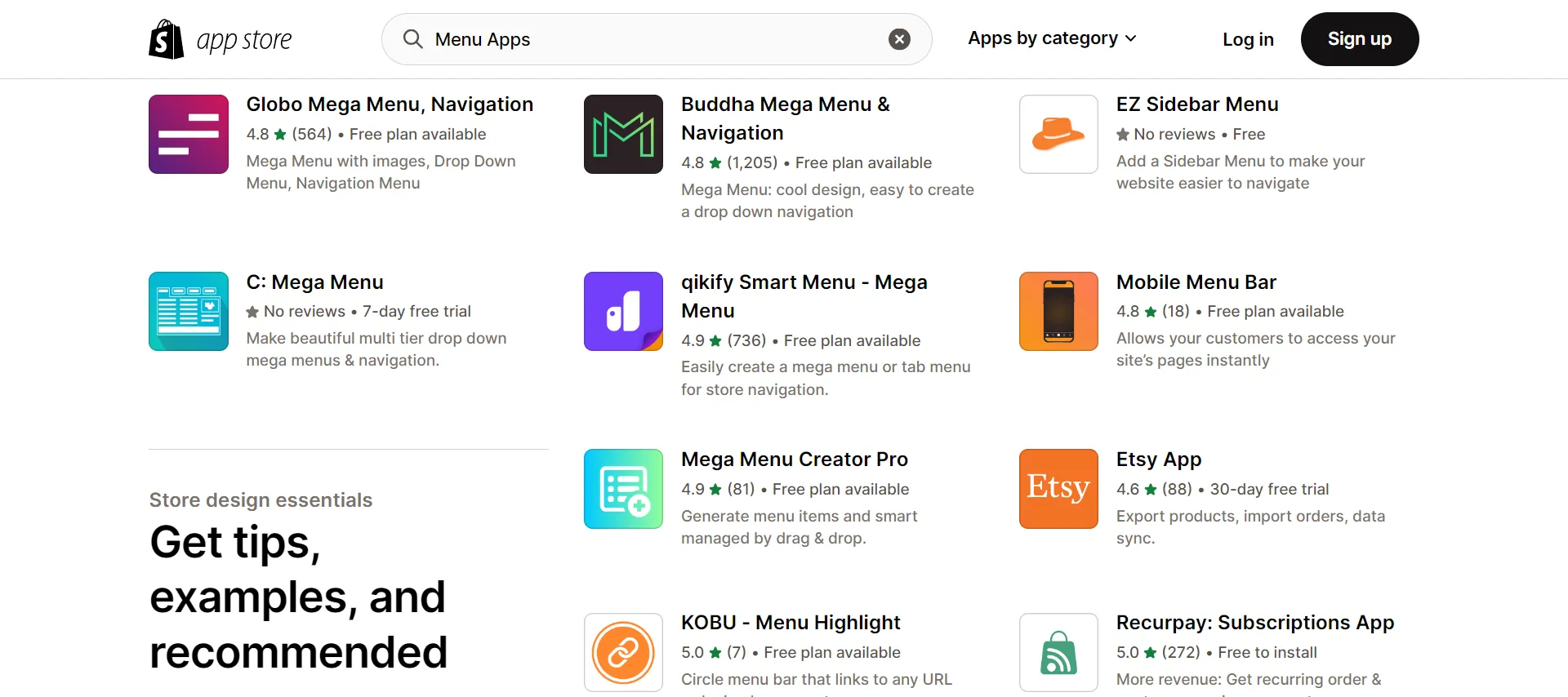 Common menu apps on Shopify App Store