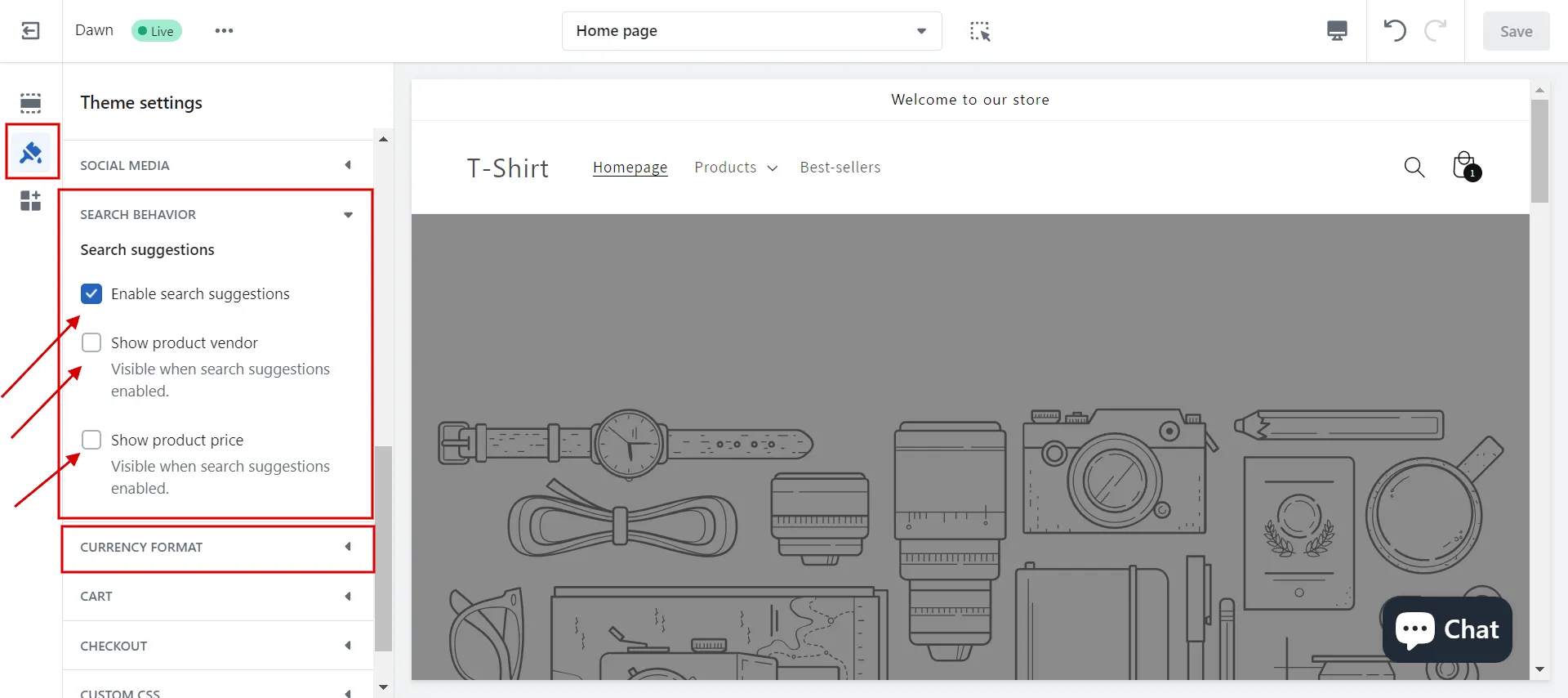 Active search behavior in section settings Shopify