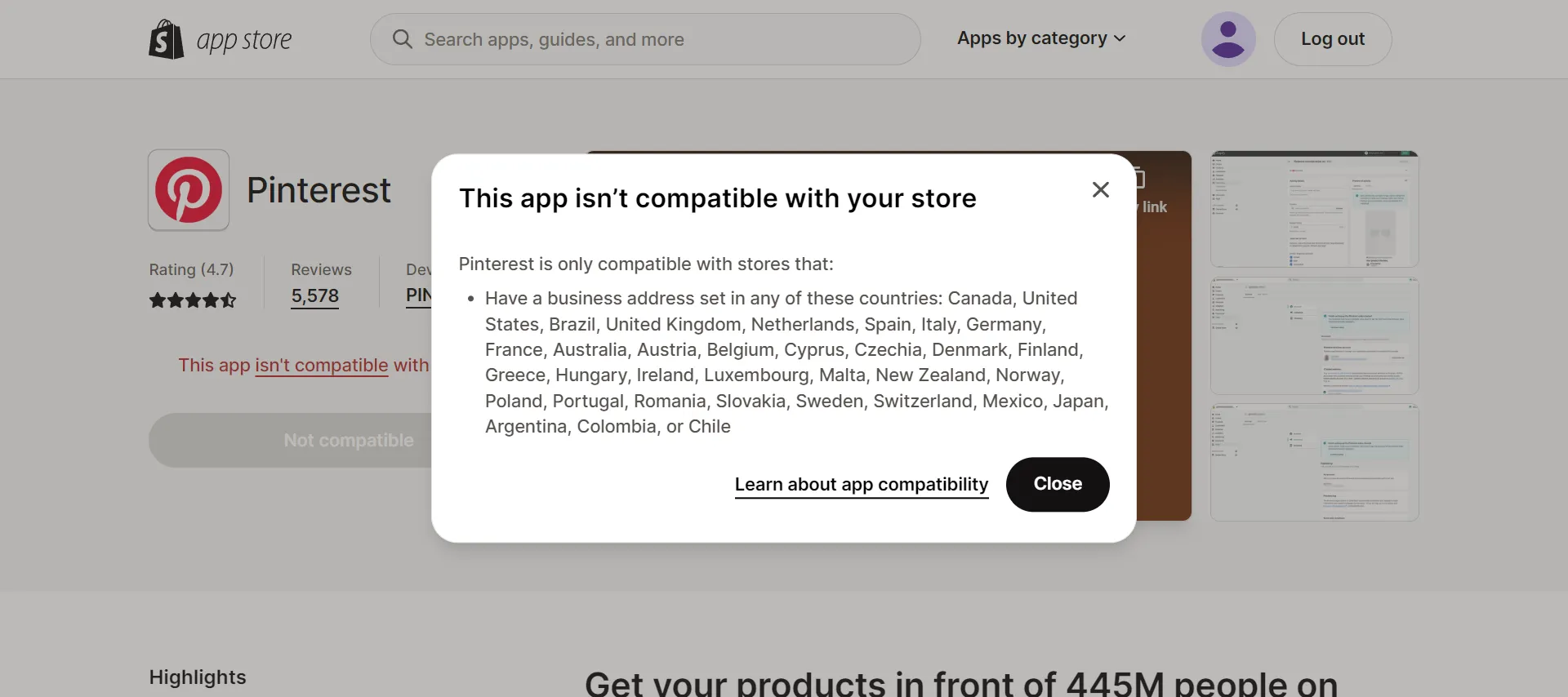 A reason why Pinterest app isn’t compatible with Shopify store.