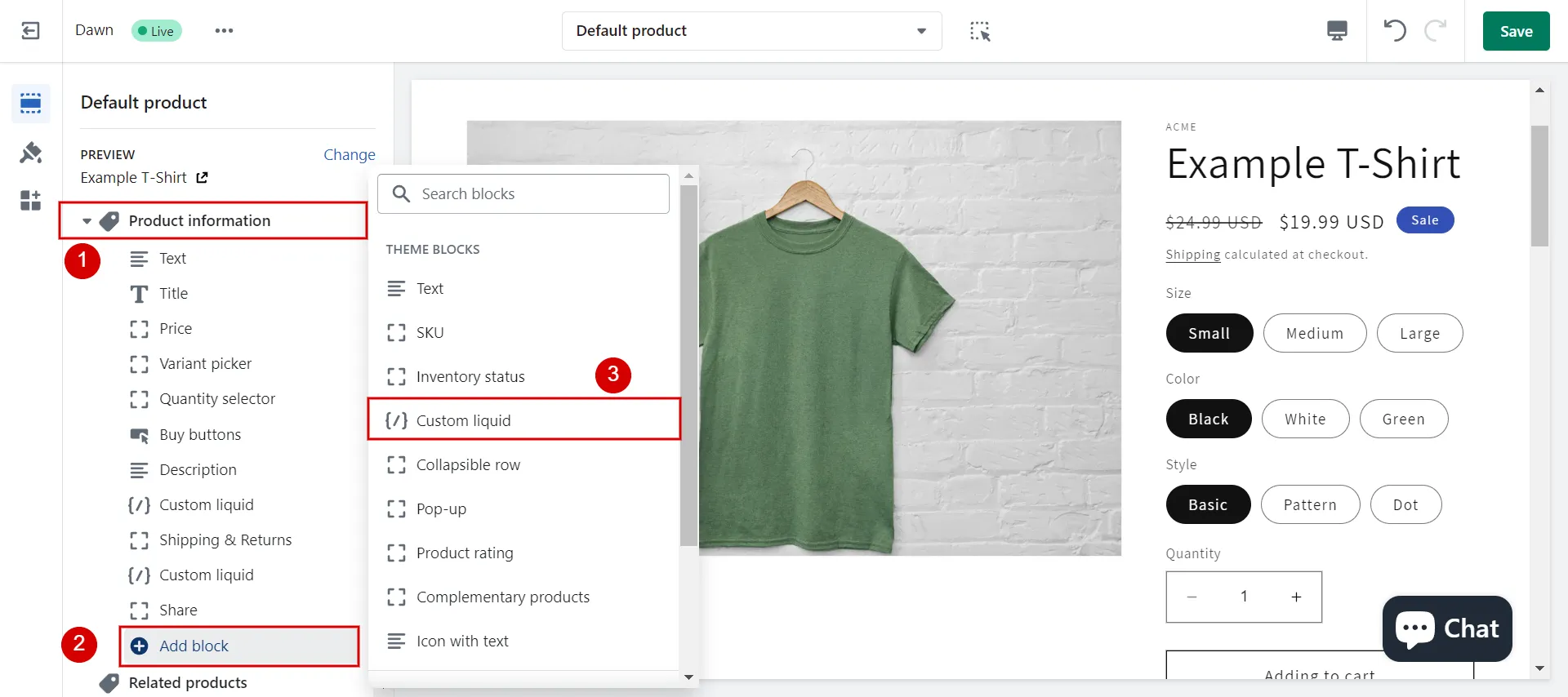 Add Custom liquid to Product information in theme editor