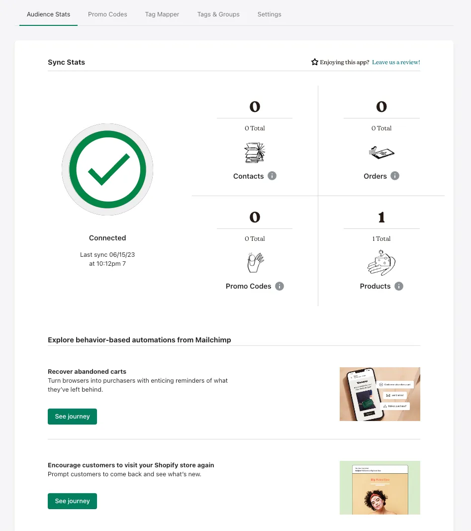 Mailchimp Sync overview on Shopify