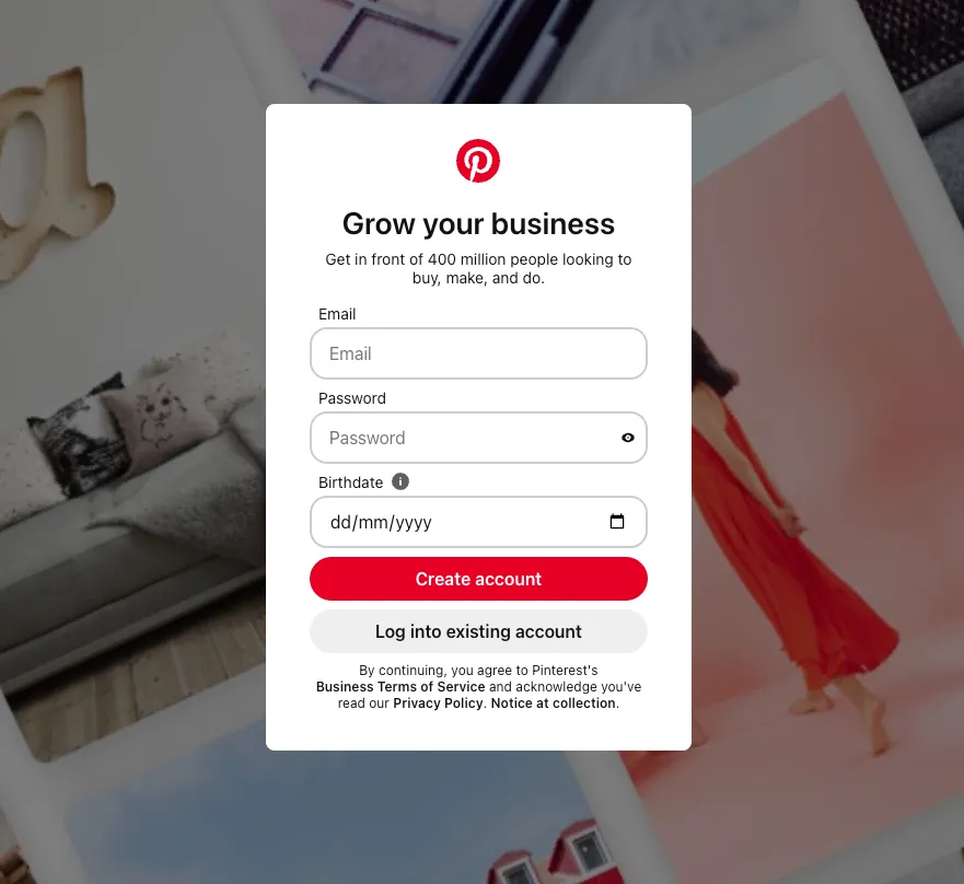 Sign Up Dashboard for a new Pinterest Business account