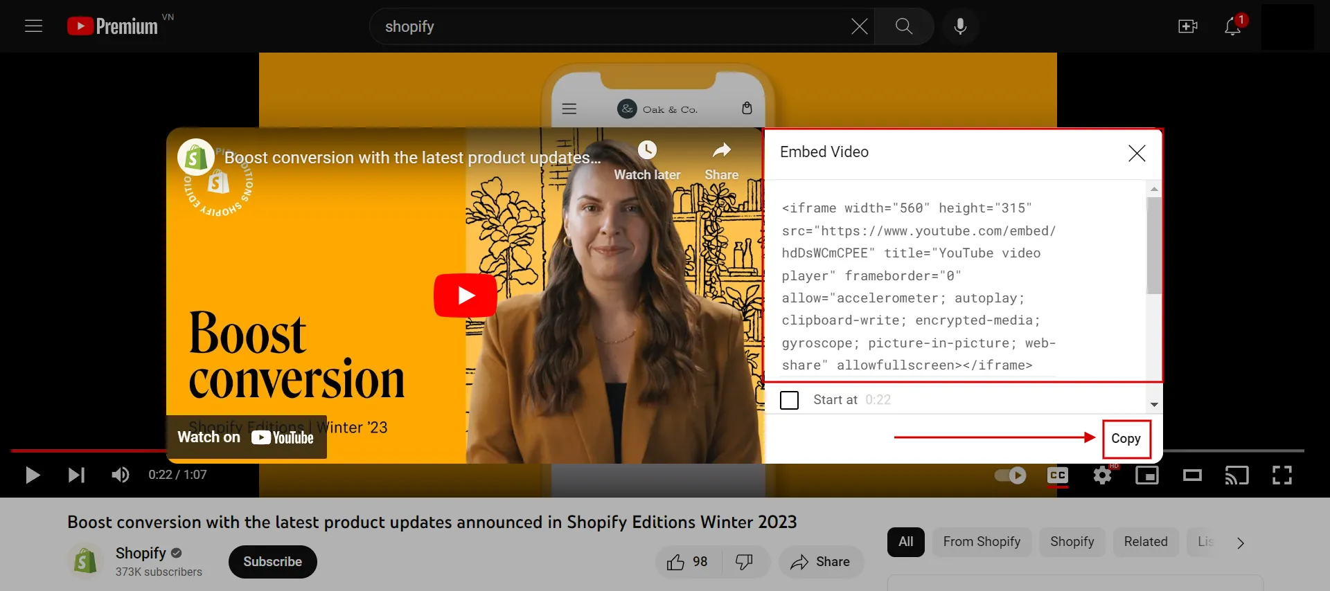 Copy the video embed snippet code
