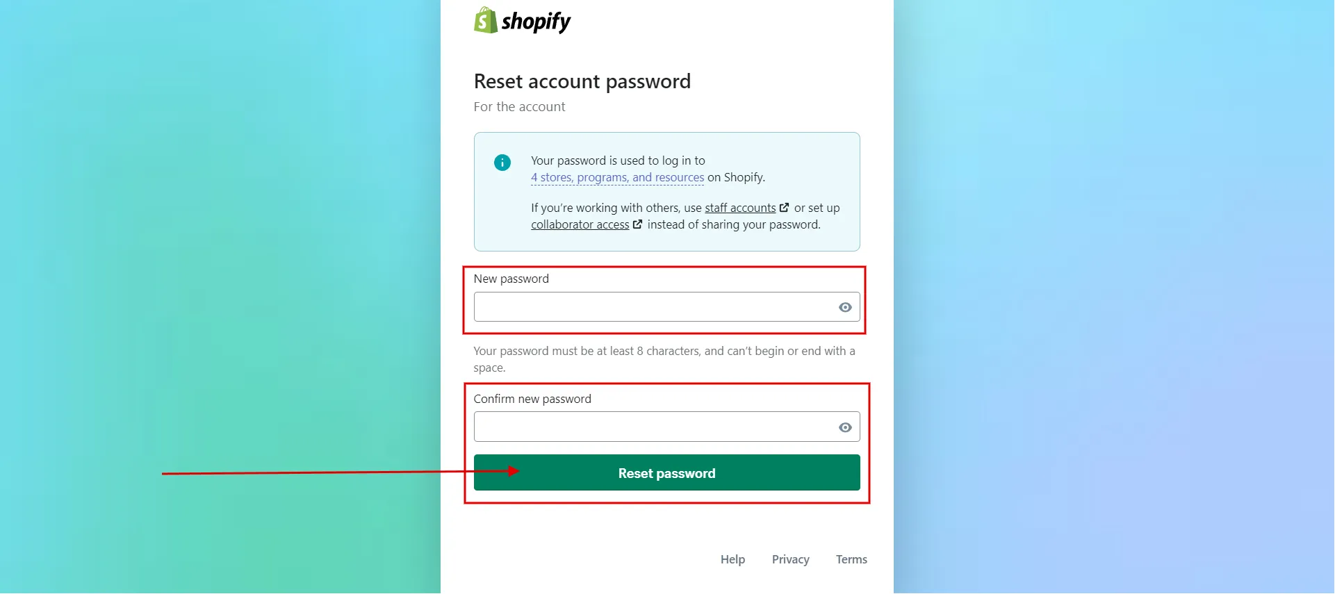 Add new password and confirm it