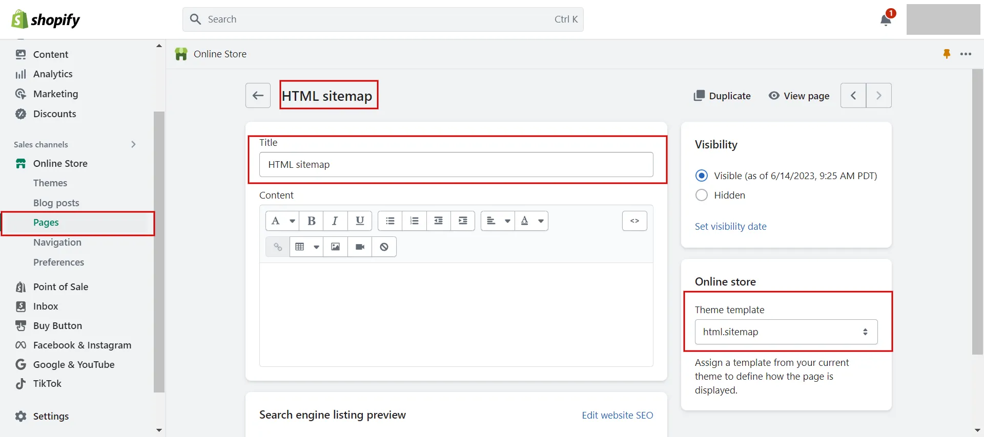 Add a new page named HTML sitemap