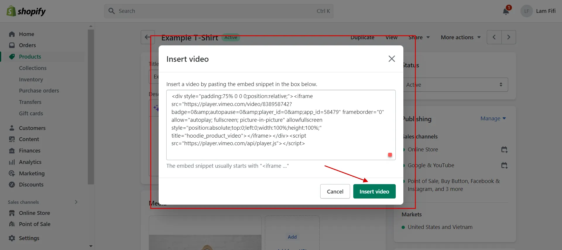 Copy and paste the Vimeo embed snippet code
