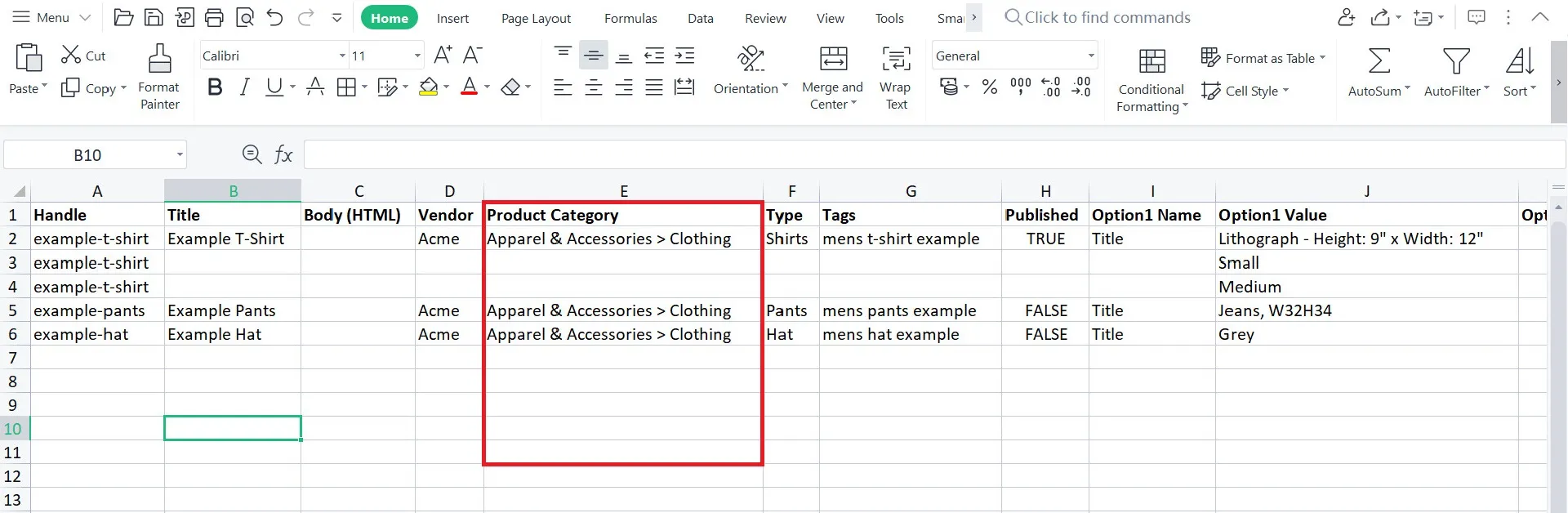 Create a CVS file with Product Category column