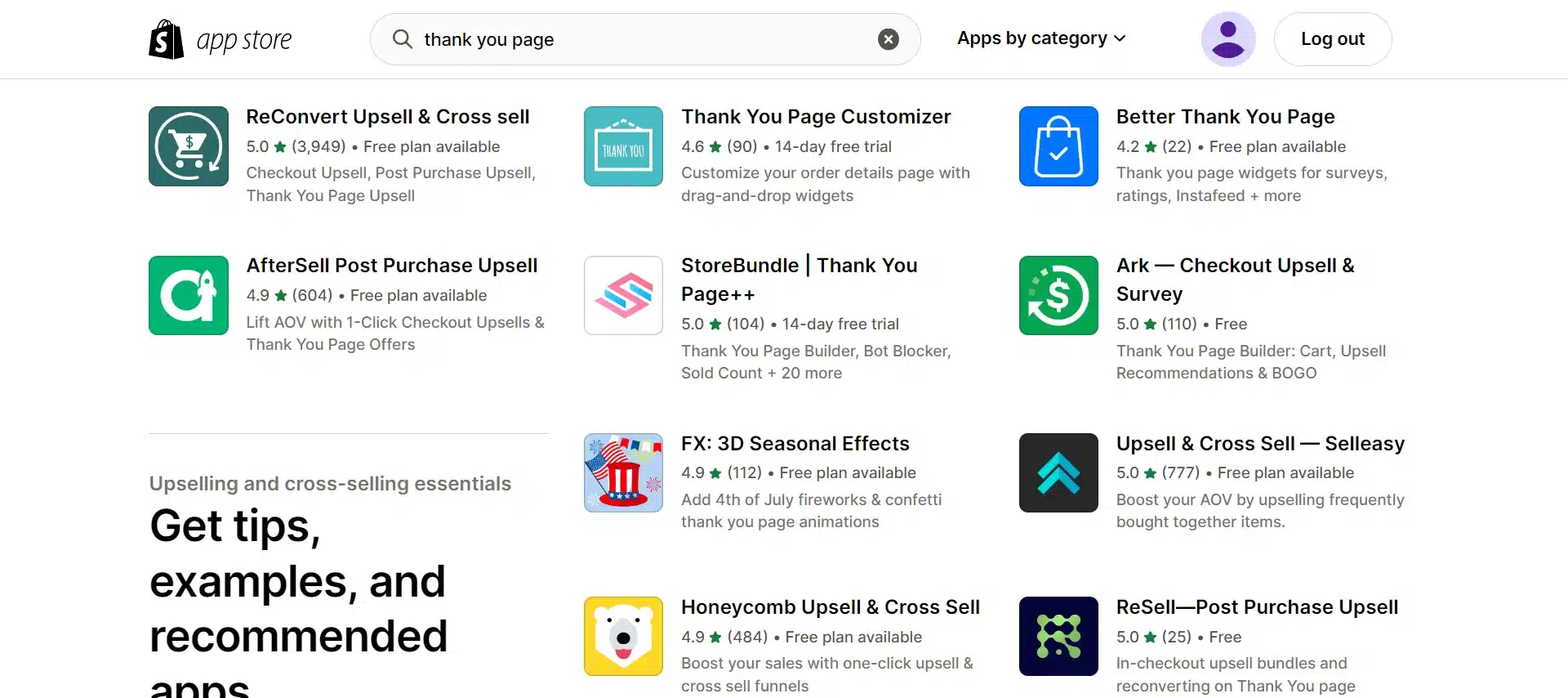 Thank you page on Shopify App store