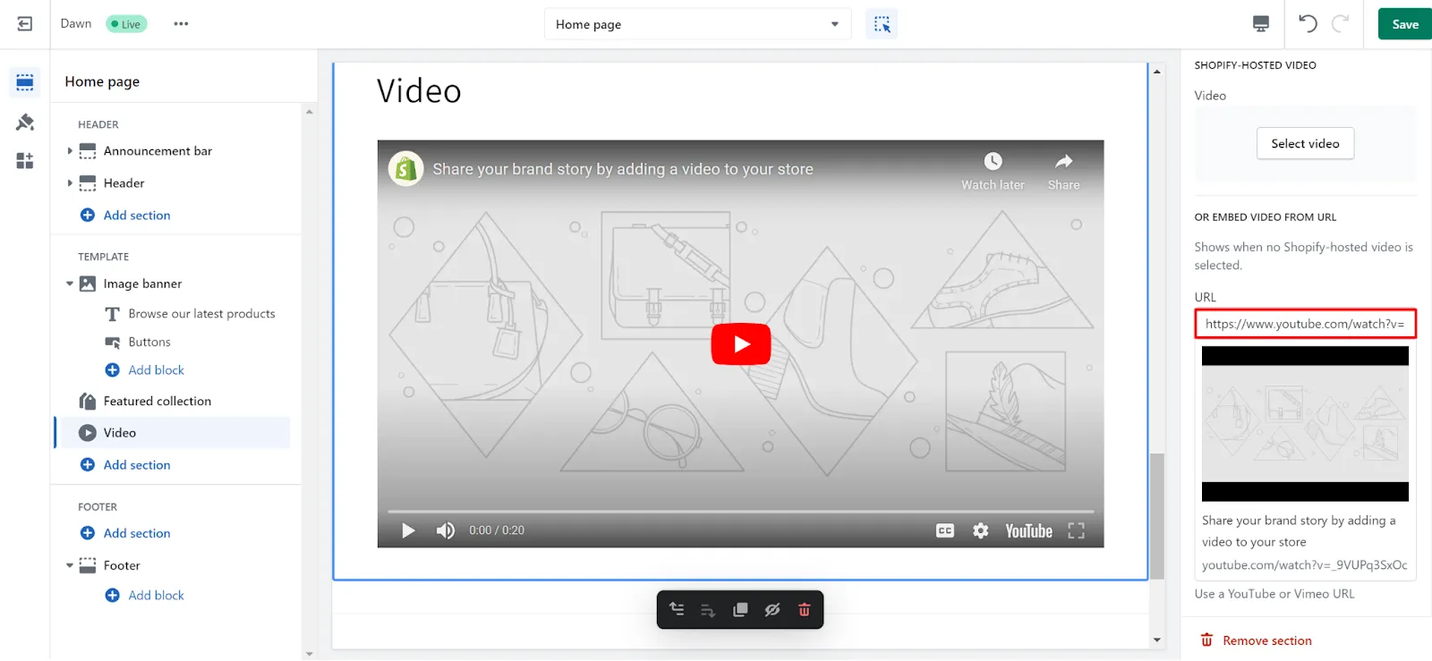 How to add video to Shopfy homepage by embedding YouTube video