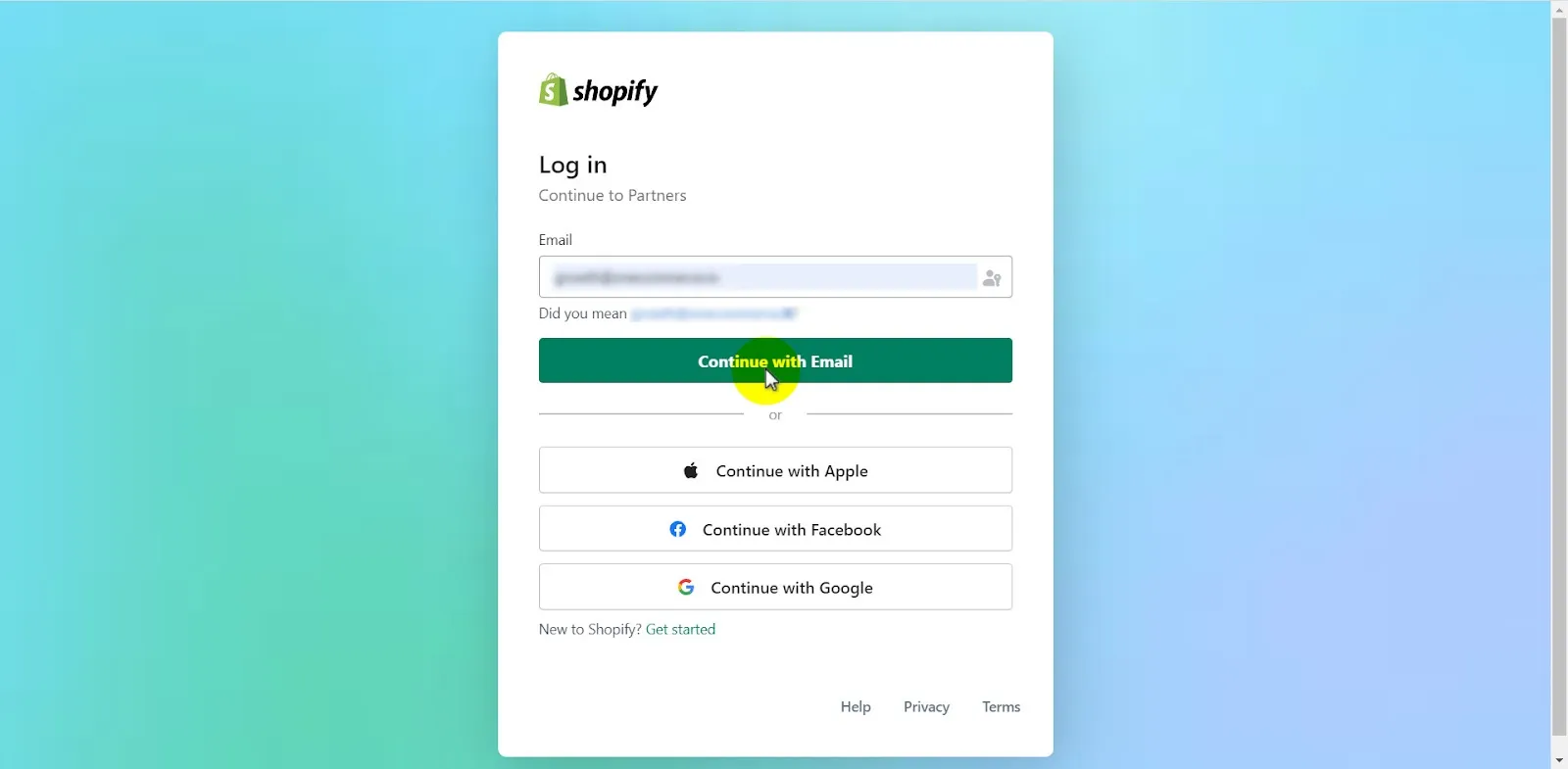 Type in your email to register a Shopify partner account