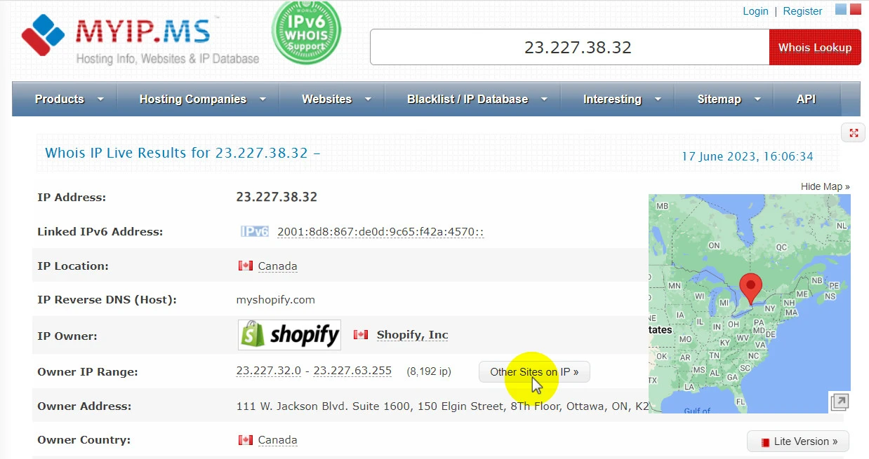 how to find Shopify stores using myip.ms