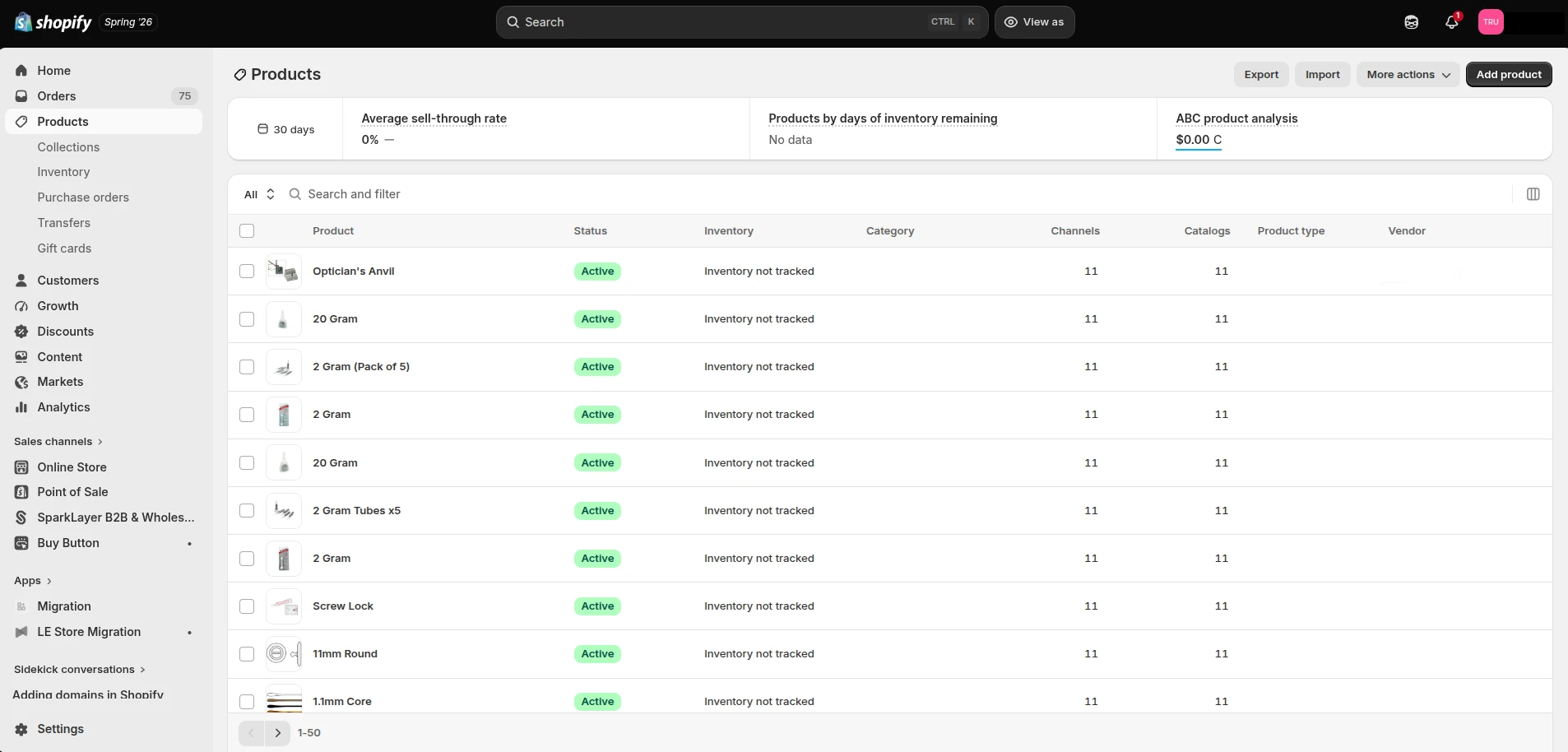 Shopify Products dashboard