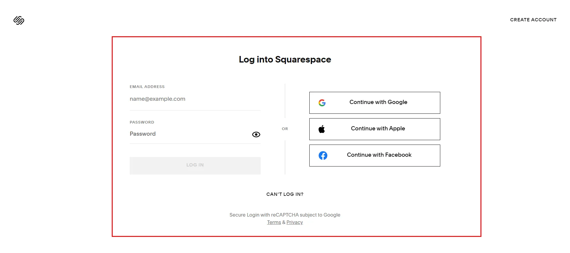 Log in Squarespace account
