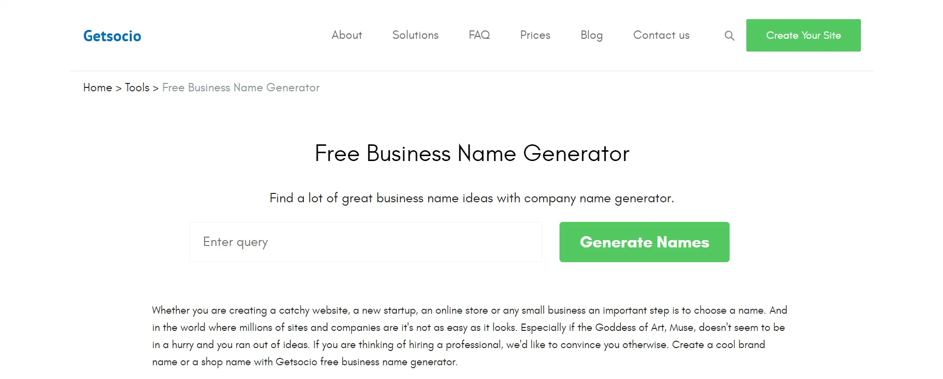 Getsocio's free business name generator