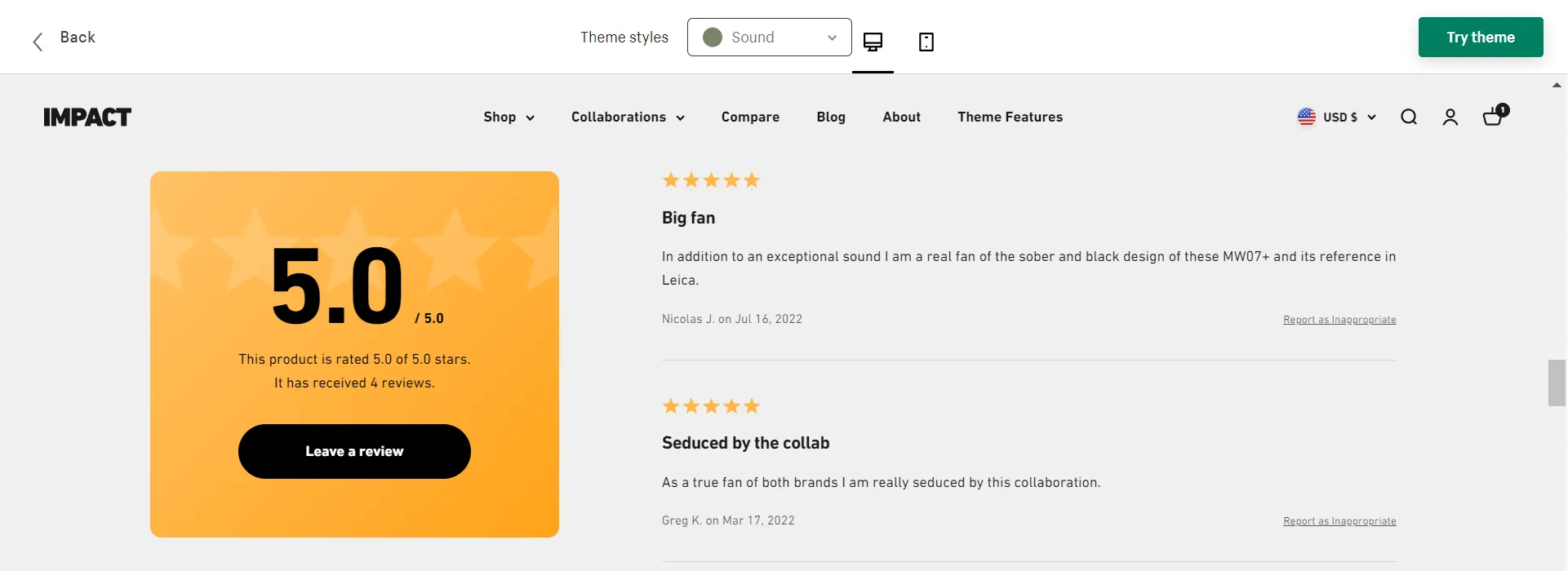 Demo of product reviews in Shopify themes.