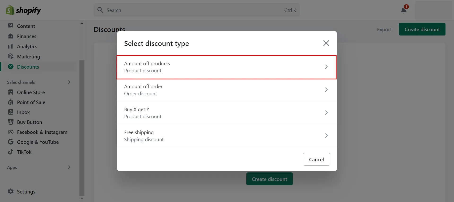 Select the amount off products option