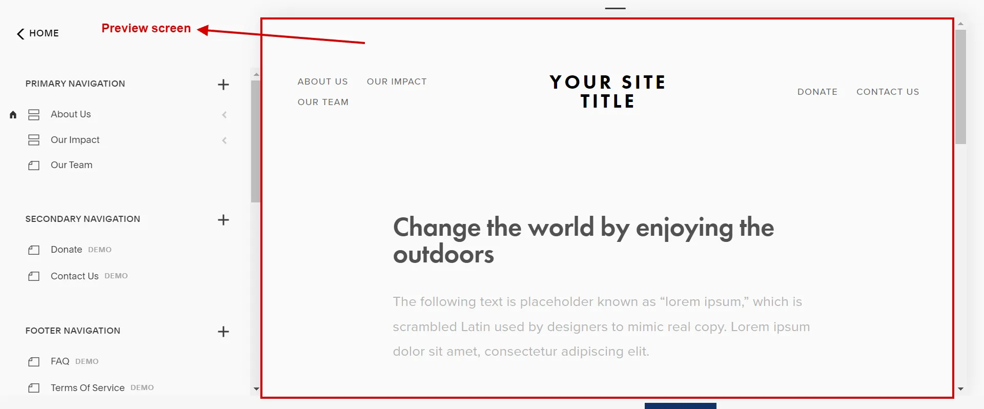 Squarespace template preview screen