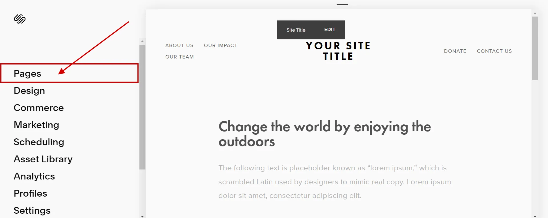 Select pages in Squarespace 