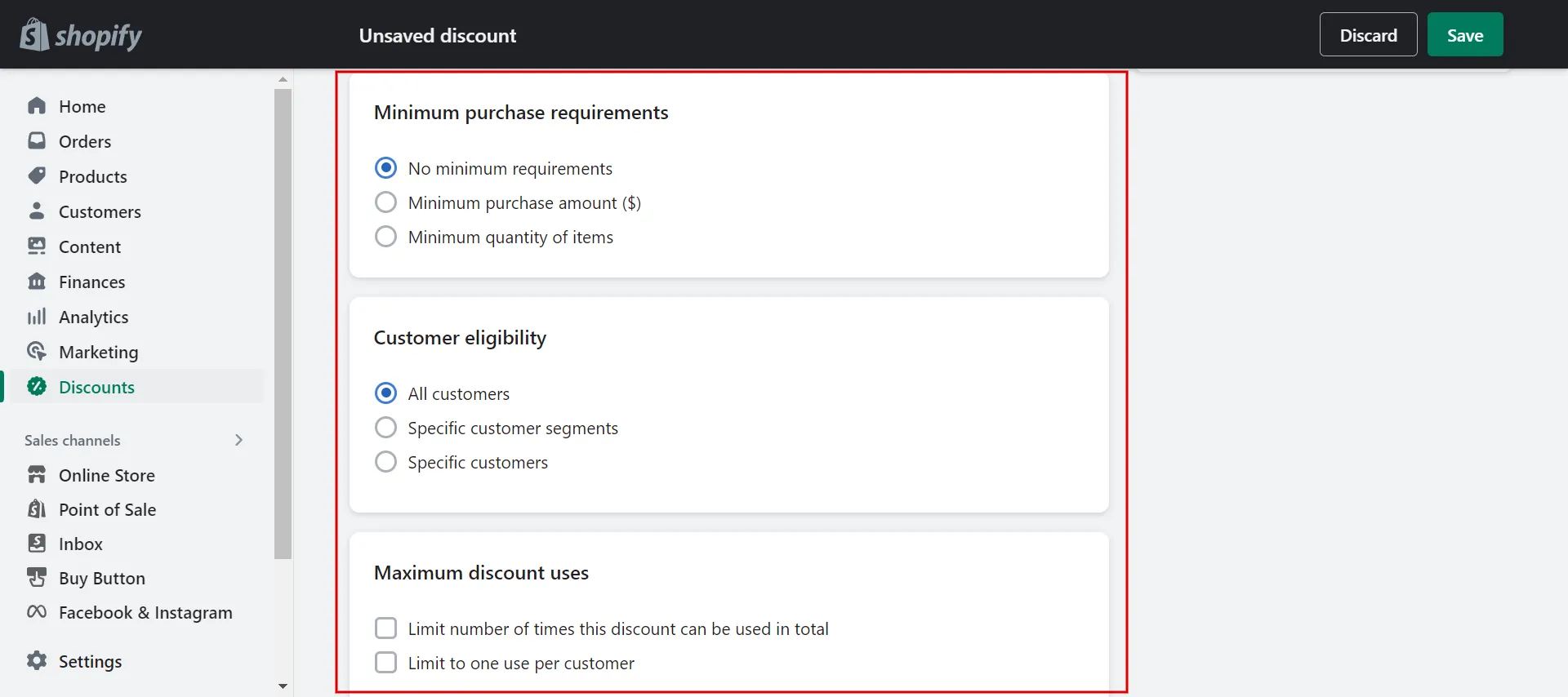 Make requirements for Shopify discount code.