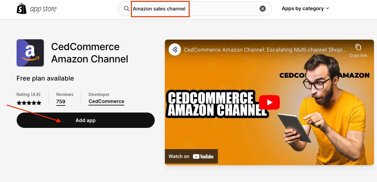 Install Amazon Sales Channel from Shopify App Store