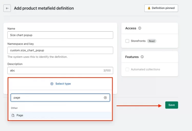 Add metafield definition as page type