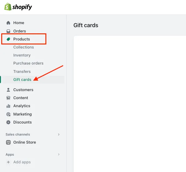 Gift Cards section from the Shopify Admin dashboard