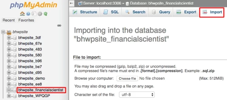 Select the new database you just created and navigate to Import