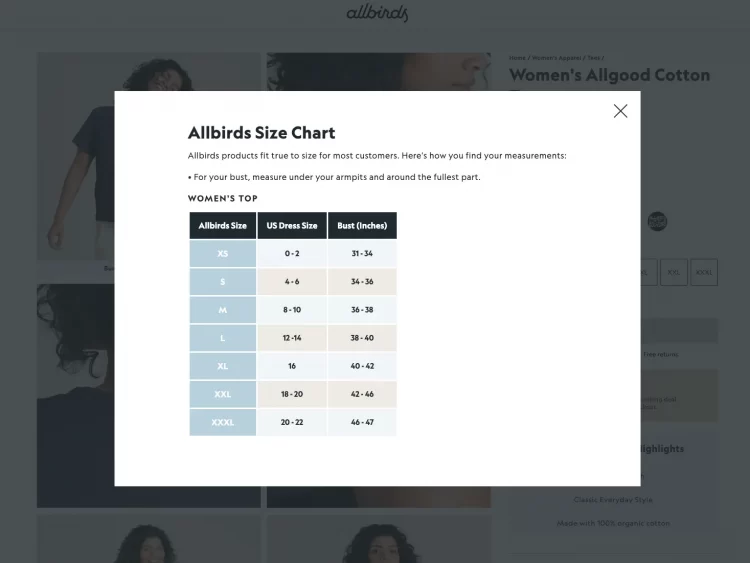 Size chart example