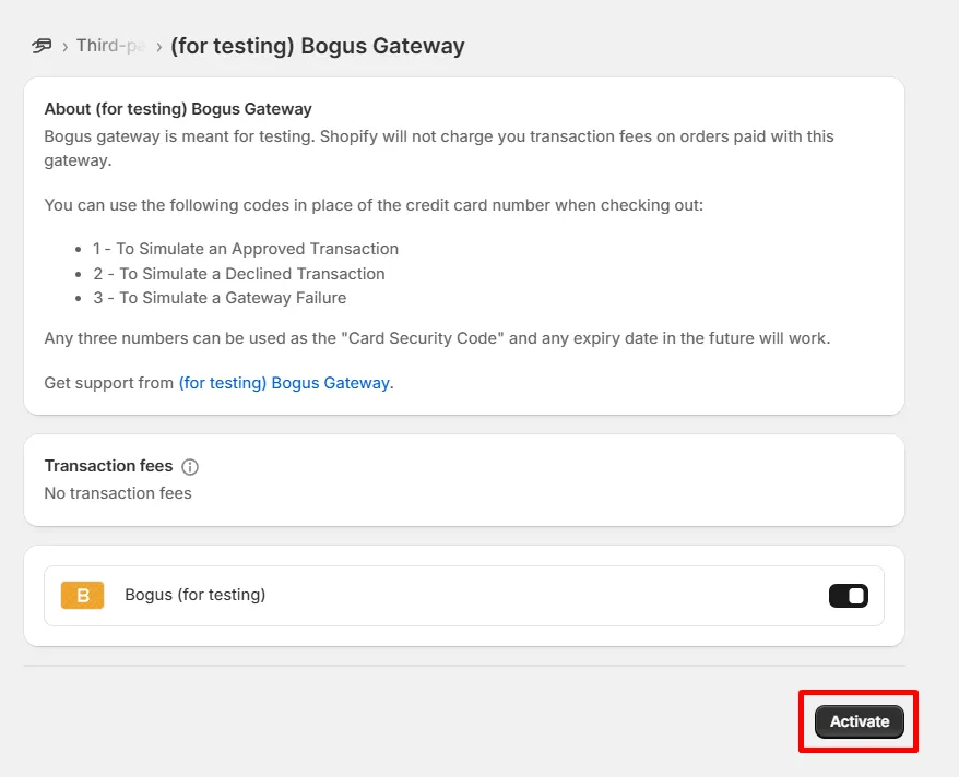 Activate Bogus Gateway for testing