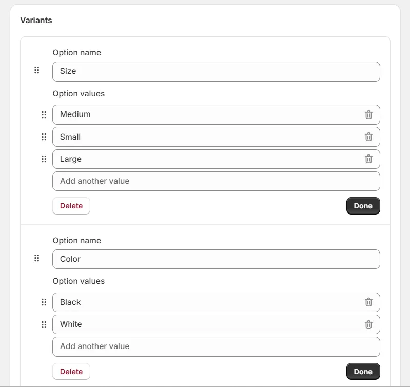Configure Shopify product variants