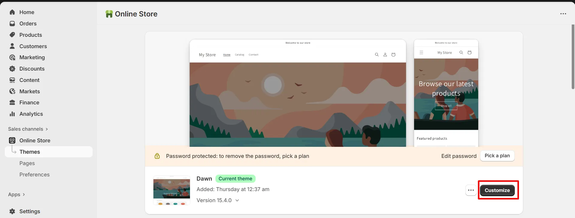 Click customize theme on Shopify