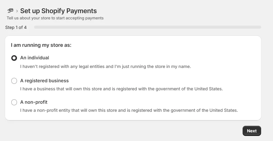 Fill in Shopify Payments information