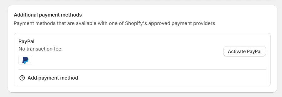 Activate Shopify additional payment methods