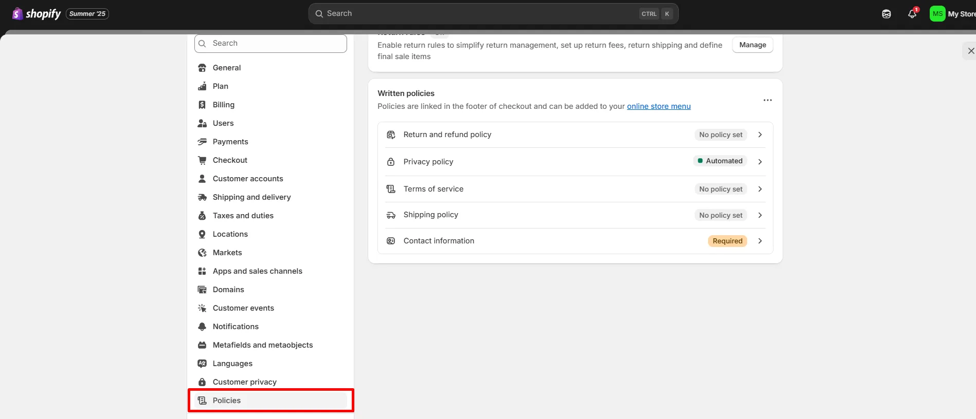 Open Shopify policies settings