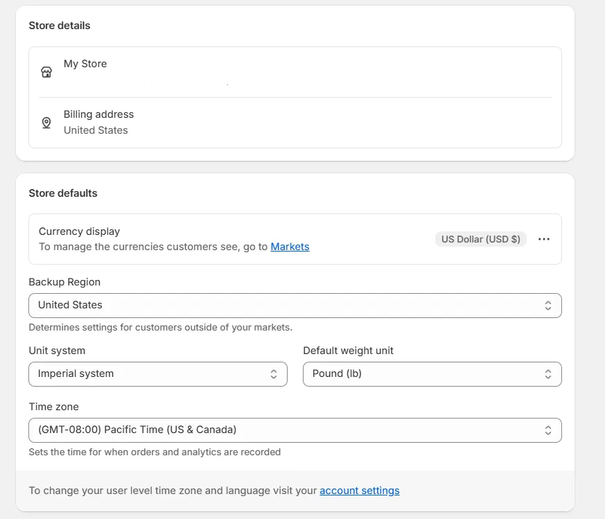 Fill in Shopify store details and defaults