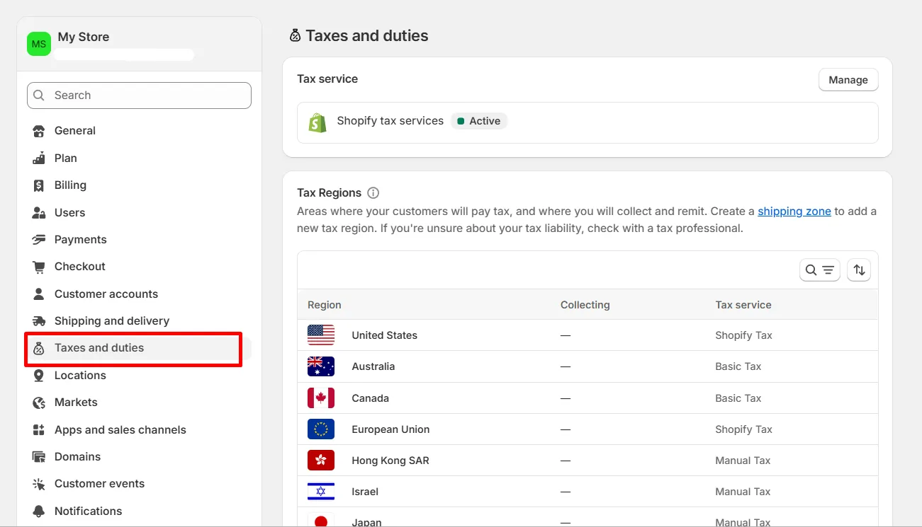 Open Taxes and duties on Shopify