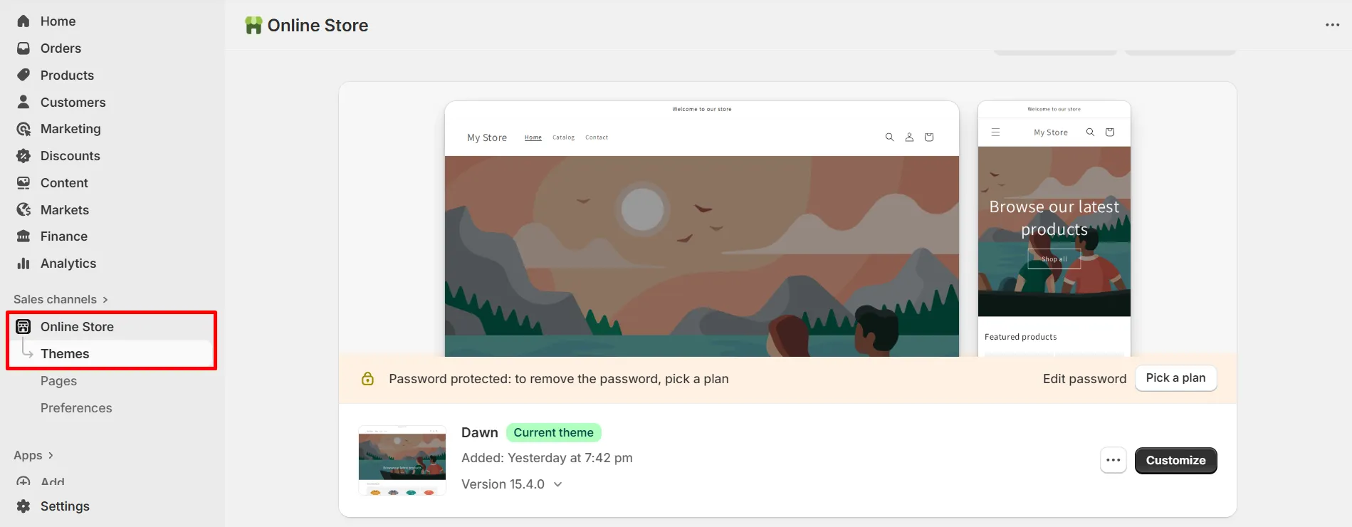Open Shopify themes section