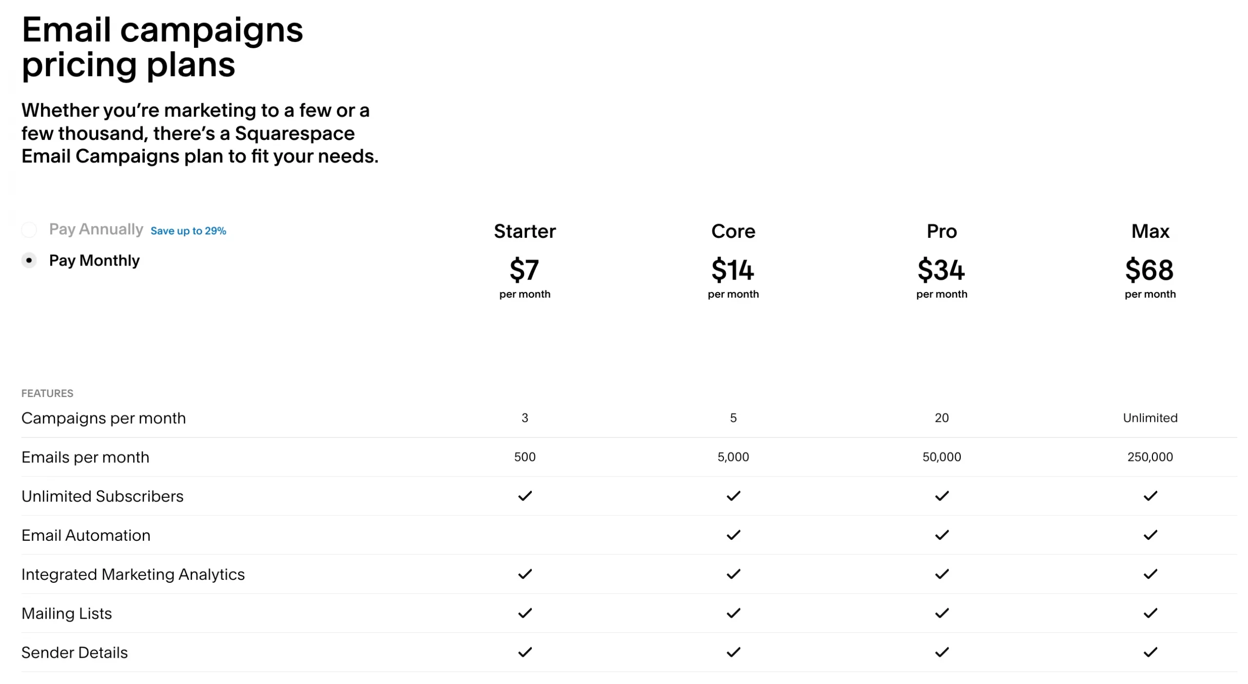 squarespace email campaigns pricing plans