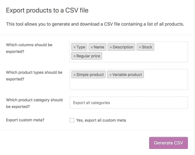 WooCommerce Export CSV Product Type